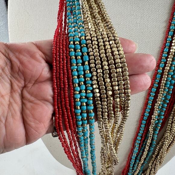 Chico’s Multi Strand Seed Bead Necklace Turquoise Gold Red Beads Long Statement - Picture 3 of 5